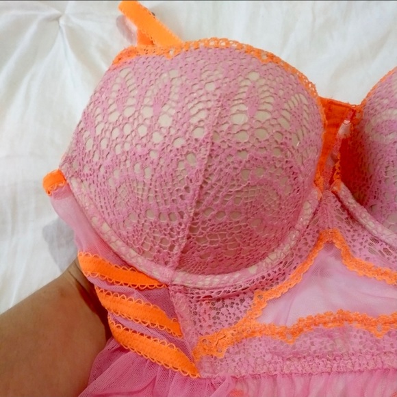 Victoria’s Secret Pink & Orange Lace Babydoll Push-Up Bustier Lingerie Teddy - Picture 12 of 16